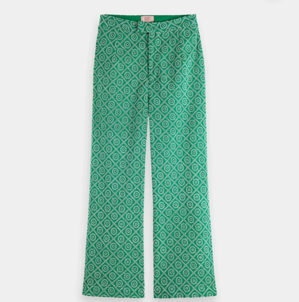 Scotch & Soda Green And White Eyelet Wide Leg Ankle Pants